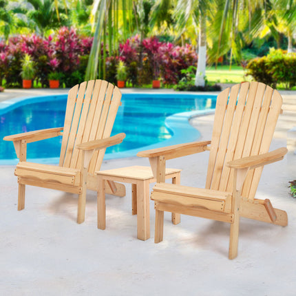 Gardeon 3PC Adirondack Outdoor Table and Chairs Wooden Foldable Beach Chair Natural.