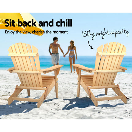 Gardeon 3PC Adirondack Outdoor Table and Chairs Wooden Foldable Beach Chair Natural.