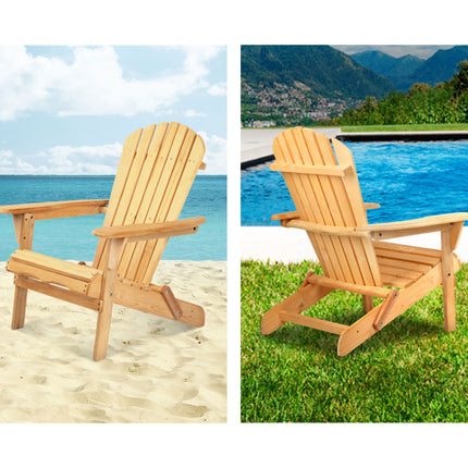 Gardeon 3PC Adirondack Outdoor Table and Chairs Wooden Foldable Beach Chair Natural.