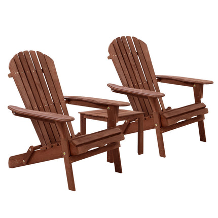 Gardeon 3PC Adirondack Outdoor Table and Chairs Wooden Foldable Beach Chair Brown.