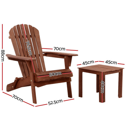 Gardeon 3PC Adirondack Outdoor Table and Chairs Wooden Foldable Beach Chair Brown.