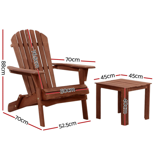 Gardeon 3PC Adirondack Outdoor Table and Chairs Wooden Foldable Beach Chair Brown.