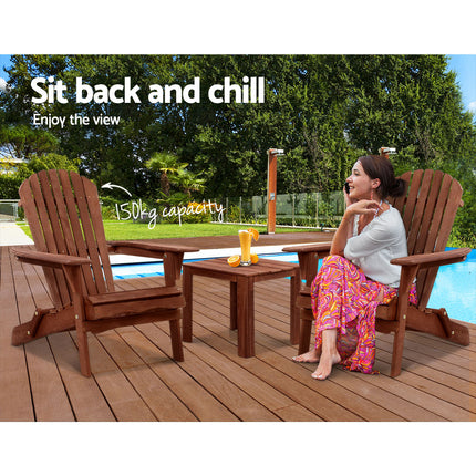 Gardeon 3PC Adirondack Outdoor Table and Chairs Wooden Foldable Beach Chair Brown.