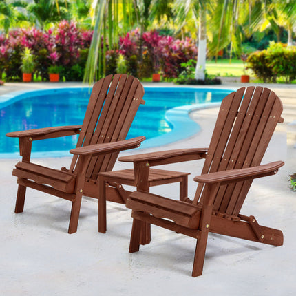 Gardeon 3PC Adirondack Outdoor Table and Chairs Wooden Foldable Beach Chair Brown.