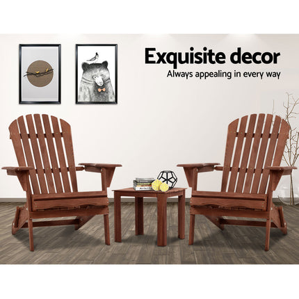 Gardeon 3PC Adirondack Outdoor Table and Chairs Wooden Foldable Beach Chair Brown.
