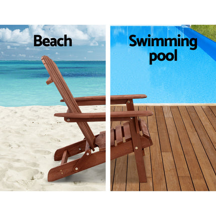 Gardeon 3PC Adirondack Outdoor Table and Chairs Wooden Foldable Beach Chair Brown.