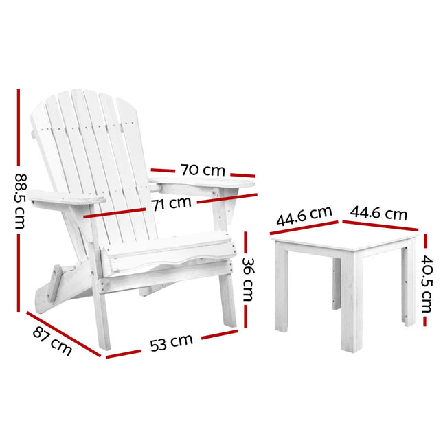 Gardeon 3PC Adirondack Outdoor Table and Chairs Wooden Foldable Beach Chair White.