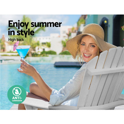 Gardeon 3PC Adirondack Outdoor Table and Chairs Wooden Foldable Beach Chair White.