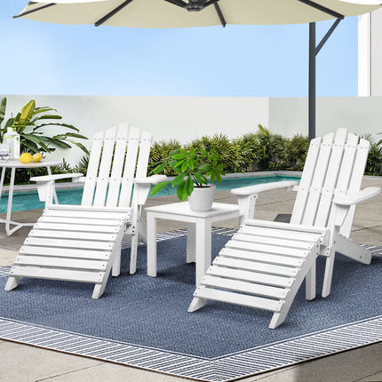 Gardeon 5PC Adirondack Outdoor Table and Chairs Wooden Sun Lounge Patio Furniture White.