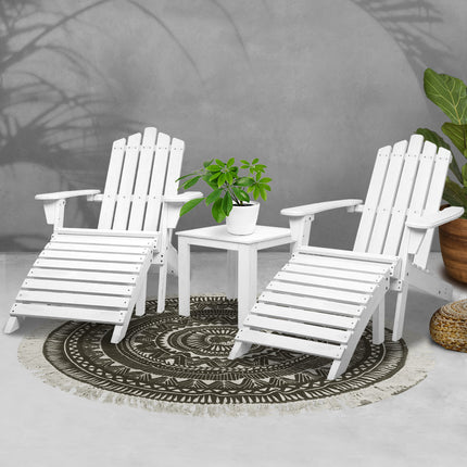Gardeon 5PC Adirondack Outdoor Table and Chairs Wooden Sun Lounge Patio Furniture White.