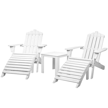 Gardeon 5PC Adirondack Outdoor Table and Chairs Wooden Sun Lounge Patio Furniture White.