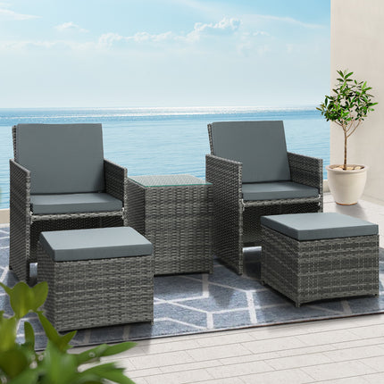 Gardeon 5PC Bistro Set Wicker Table and Chairs Ottoman Outdoor Furniture Grey.