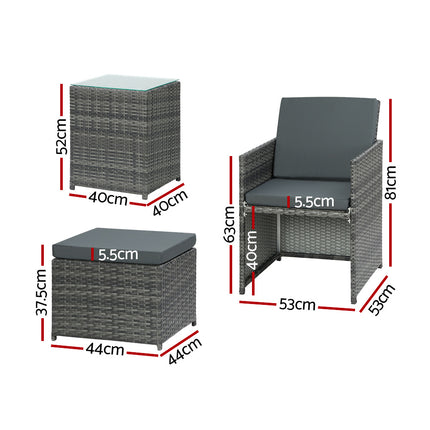 Gardeon 5PC Bistro Set Wicker Table and Chairs Ottoman Outdoor Furniture Grey.