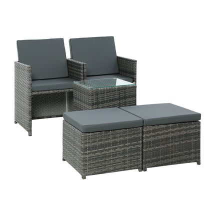 Gardeon 5PC Bistro Set Wicker Table and Chairs Ottoman Outdoor Furniture Grey.