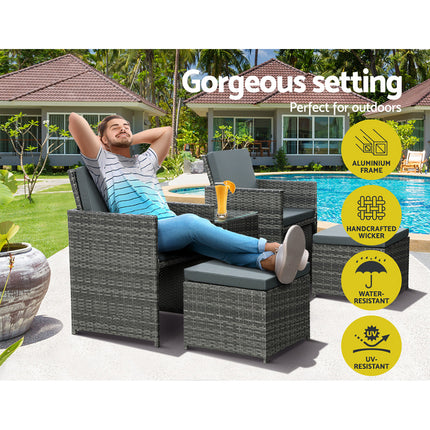 Gardeon 5PC Bistro Set Wicker Table and Chairs Ottoman Outdoor Furniture Grey.