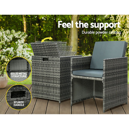 Gardeon 5PC Bistro Set Wicker Table and Chairs Ottoman Outdoor Furniture Grey.