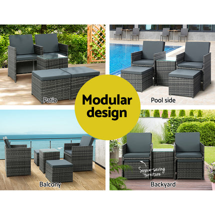 Gardeon 5PC Bistro Set Wicker Table and Chairs Ottoman Outdoor Furniture Grey.