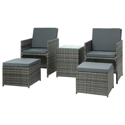 Gardeon 5PC Bistro Set Wicker Table and Chairs Ottoman Outdoor Furniture Grey.