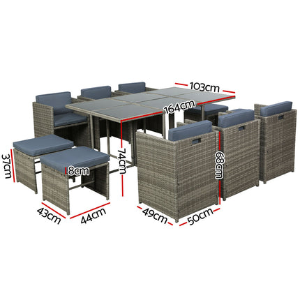 Gardeon Outdoor Dining Set 11 Piece Wicker Table Chairs Setting Grey.