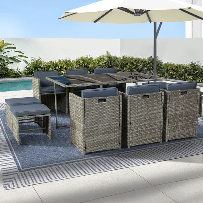 Gardeon Outdoor Dining Set 11 Piece Wicker Table Chairs Setting Grey.