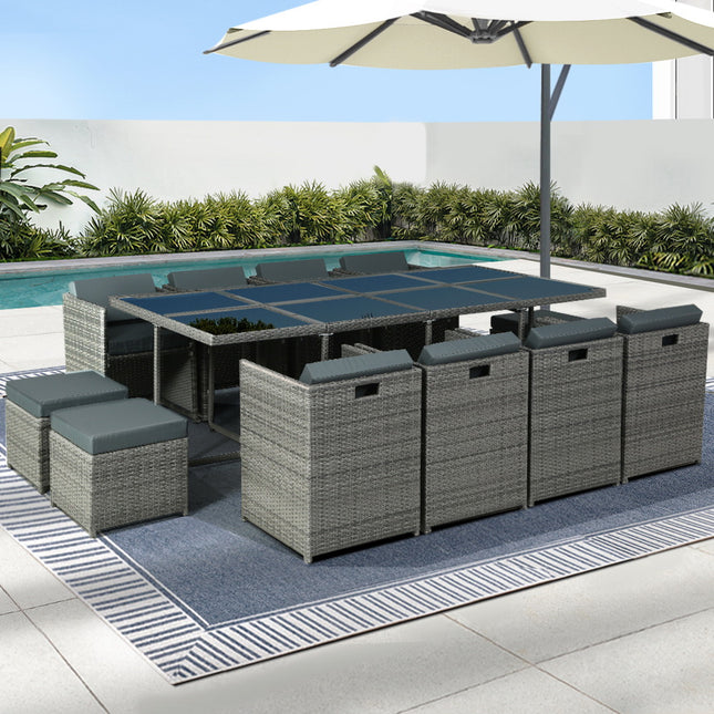 Gardeon Outdoor Dining Set 13 Piece Wicker Table Chairs Setting Grey.