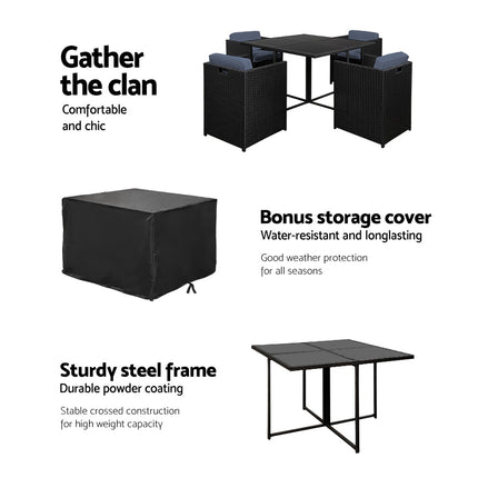 Gardeon Outdoor Dining Set 5 Piece Wicker Table Chairs Setting Black.
