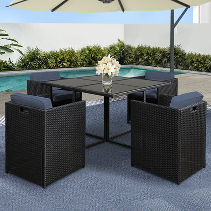 Gardeon Outdoor Dining Set 5 Piece Wicker Table Chairs Setting Black.