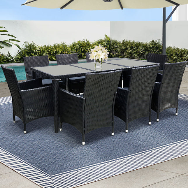 Gardeon Outdoor Dining Set 9 Piece Wicker Lounge Setting Black.