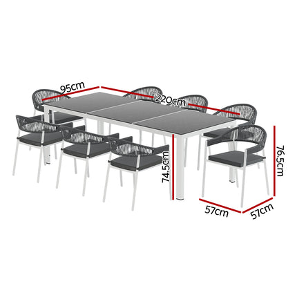 Gardeon Outdoor Dining Set 9 Piece Steel Table Chairs Setting White.