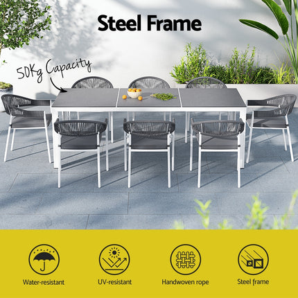 Gardeon Outdoor Dining Set 9 Piece Steel Table Chairs Setting White.