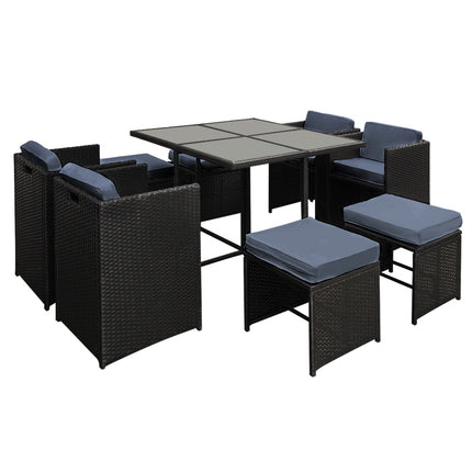 Gardeon Outdoor Dining Set 9 Piece Wicker Table Chairs Setting Black.