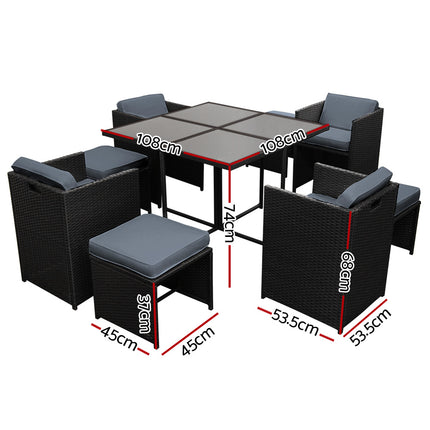 Gardeon Outdoor Dining Set 9 Piece Wicker Table Chairs Setting Black.