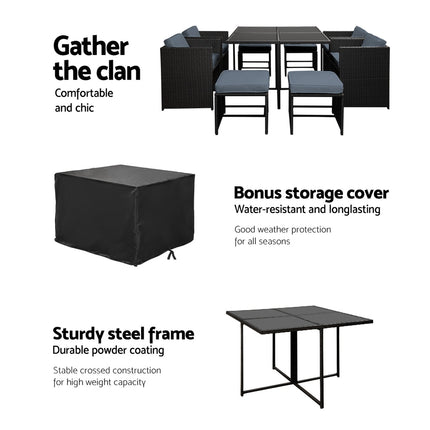 Gardeon Outdoor Dining Set 9 Piece Wicker Table Chairs Setting Black.