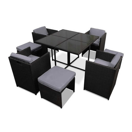 Gardeon Outdoor Dining Set 9 Piece Wicker Table Chairs Setting Black.