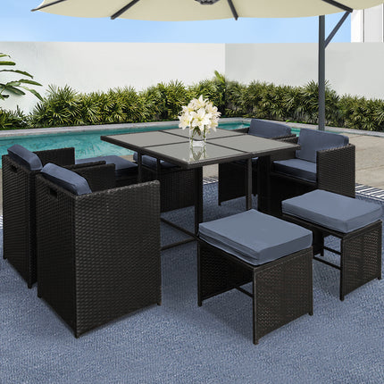 Gardeon Outdoor Dining Set 9 Piece Wicker Table Chairs Setting Black.