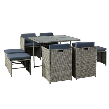 Gardeon Outdoor Dining Set 9 Piece Wicker Table Chairs Setting Grey.