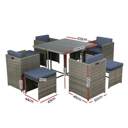 Gardeon Outdoor Dining Set 9 Piece Wicker Table Chairs Setting Grey.