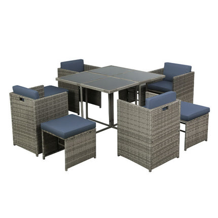 Gardeon Outdoor Dining Set 9 Piece Wicker Table Chairs Setting Grey.
