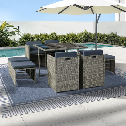 Gardeon Outdoor Dining Set 9 Piece Wicker Table Chairs Setting Grey.