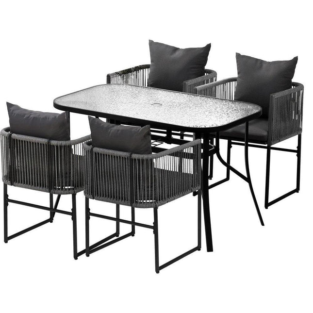 Gardeon 5PCS Outdoor Dining Set Table and Chairs Rope Patio Furniture Garden Black.