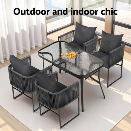 Gardeon 5PCS Outdoor Dining Set Table and Chairs Rope Patio Furniture Garden Black.