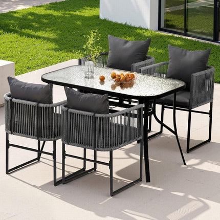 Gardeon 5PCS Outdoor Dining Set Table and Chairs Rope Patio Furniture Garden Black.
