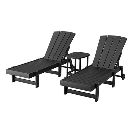 Gardeon Sun Lounge Lounger Table and Chairs Beach Chair HDPE Patio Outdoor Furniture Wheels Black.