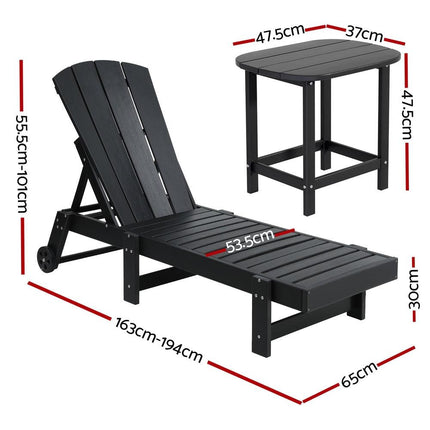 Gardeon Sun Lounge Lounger Table and Chairs Beach Chair HDPE Patio Outdoor Furniture Wheels Black.