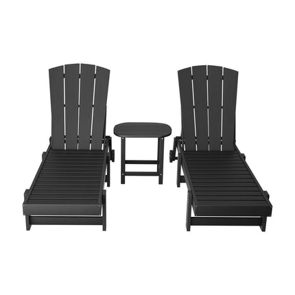 Gardeon Sun Lounge Lounger Table and Chairs Beach Chair HDPE Patio Outdoor Furniture Wheels Black.