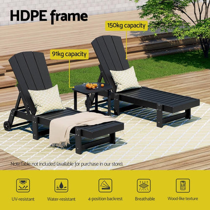Gardeon Sun Lounge Lounger Table and Chairs Beach Chair HDPE Patio Outdoor Furniture Wheels Black.