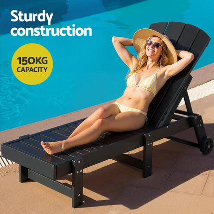 Gardeon Sun Lounge Lounger Table and Chairs Beach Chair HDPE Patio Outdoor Furniture Wheels Black.