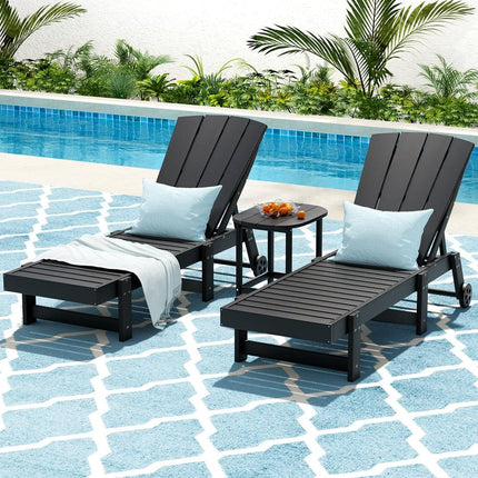 Gardeon Sun Lounge Lounger Table and Chairs Beach Chair HDPE Patio Outdoor Furniture Wheels Black.