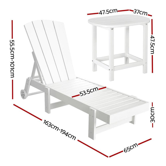 Gardeon Sun Lounge Lounger Table and Chairs Beach Chair Adirondack HDPE Patio Outdoor Furniture Wheels White.