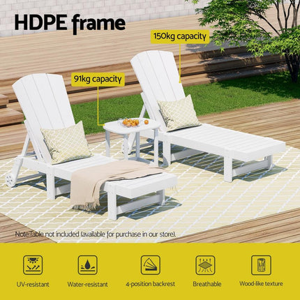 Gardeon Sun Lounge Lounger Table and Chairs Beach Chair Adirondack HDPE Patio Outdoor Furniture Wheels White.
